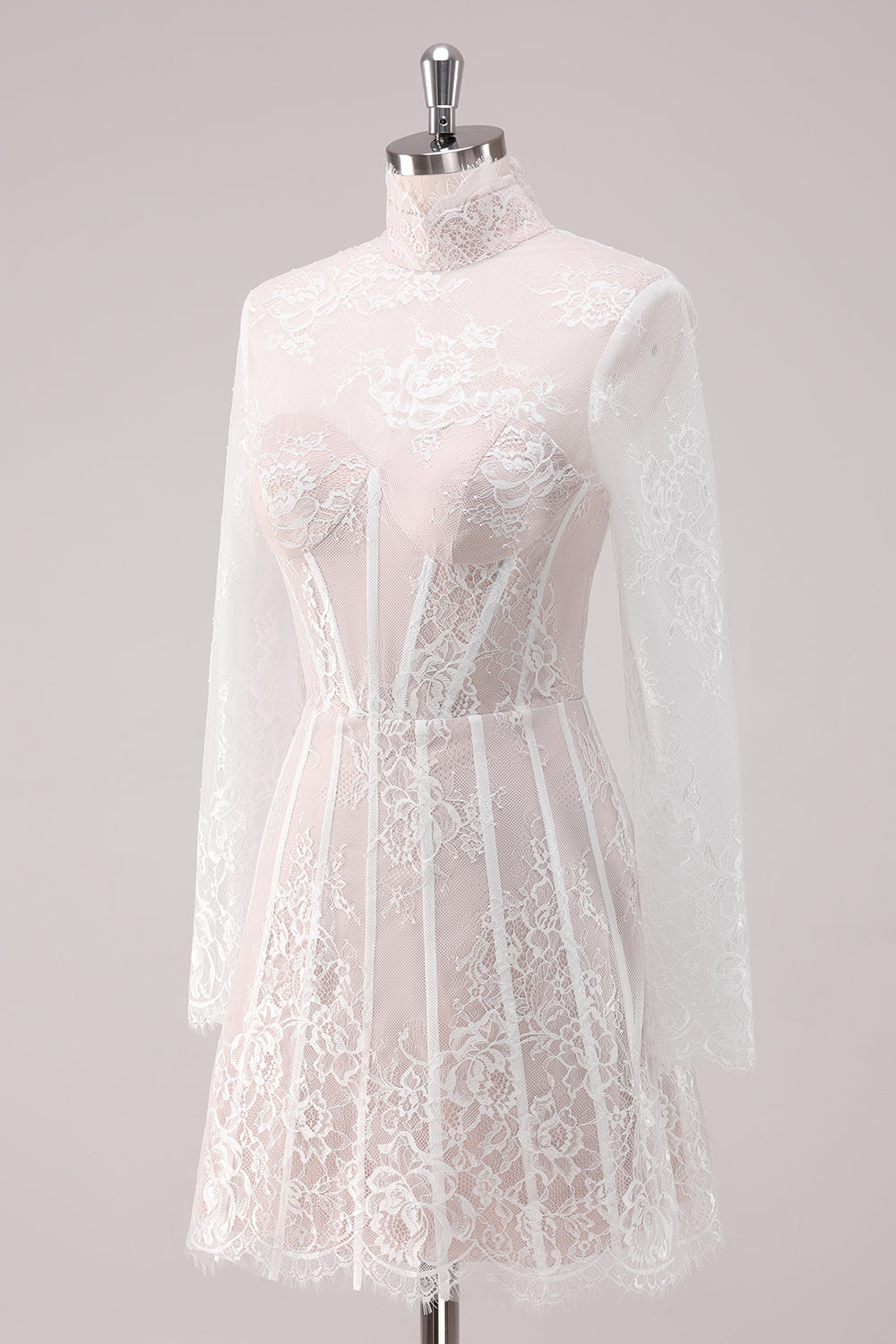 A Line White Lace Homecoming Dress With Long Sleeves