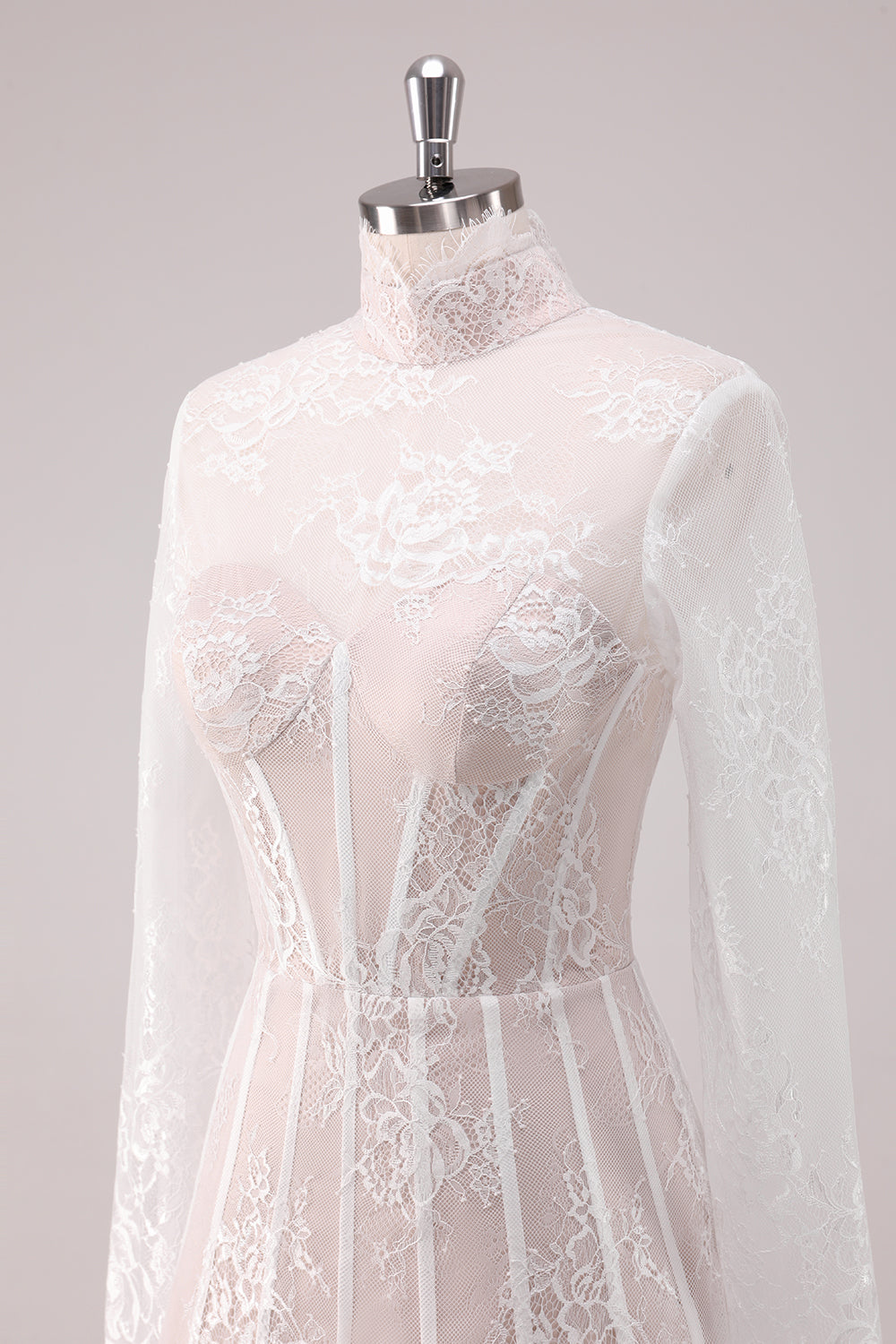 A Line White Lace Homecoming Dress With Long Sleeves