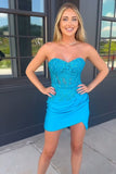 Blue Strapless Lace Tight Homecoming Dress