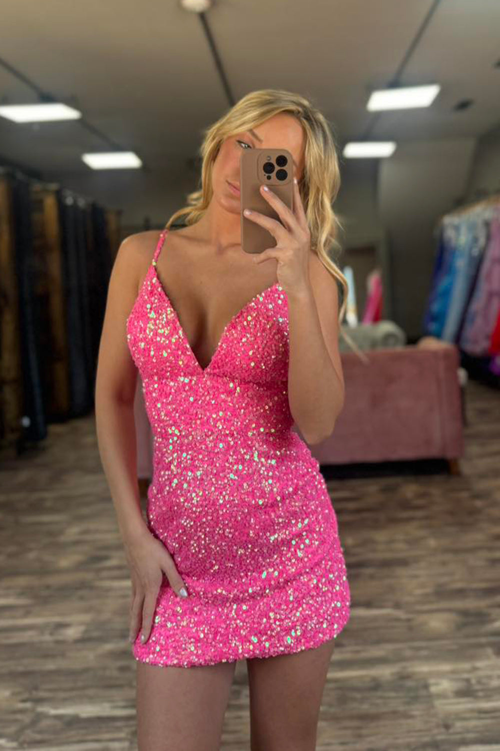 Fuchsia Sequins Spaghetti Straps Tight Homecoming Dress