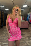 Fuchsia Sequins Spaghetti Straps Tight Homecoming Dress