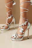 Women's Golden Metallic Strappy Stilletos Heels Sandals Shoes with Butterfly