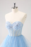 Sky Blue A Line Sweetheat Corset Tulle Homecoming Dress with Sequins