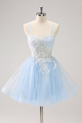 Blue A Line Embroidery Tulle Short Homecoming Dress With Removable Shoulder Strap