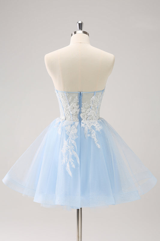 Blue A Line Embroidery Tulle Short Homecoming Dress With Removable Shoulder Strap