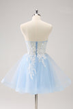 Blue A Line Embroidery Tulle Short Homecoming Dress With Removable Shoulder Strap