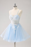 Blue A Line Embroidery Tulle Short Homecoming Dress With Removable Shoulder Strap