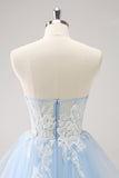 Blue A Line Embroidery Tulle Short Homecoming Dress With Removable Shoulder Strap