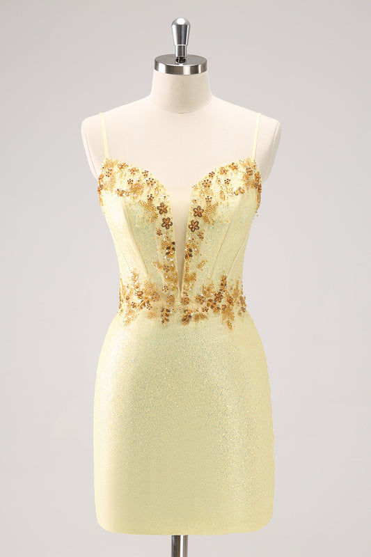 Sparkly Yellow Spaghetti Straps Sequins Tight Homecoming Dress