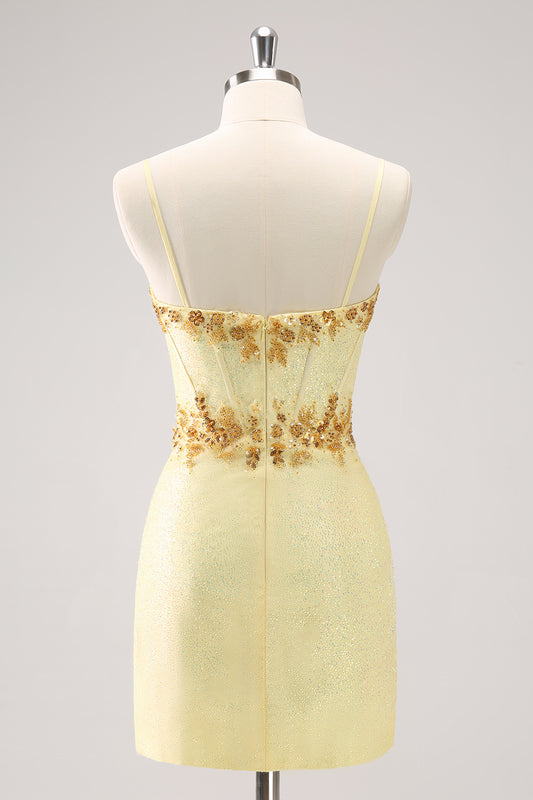 Sparkly Yellow Spaghetti Straps Sequins Tight Homecoming Dress