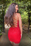 Red Spaghetti Straps Lace-up back Sparkly Homecoming Dress