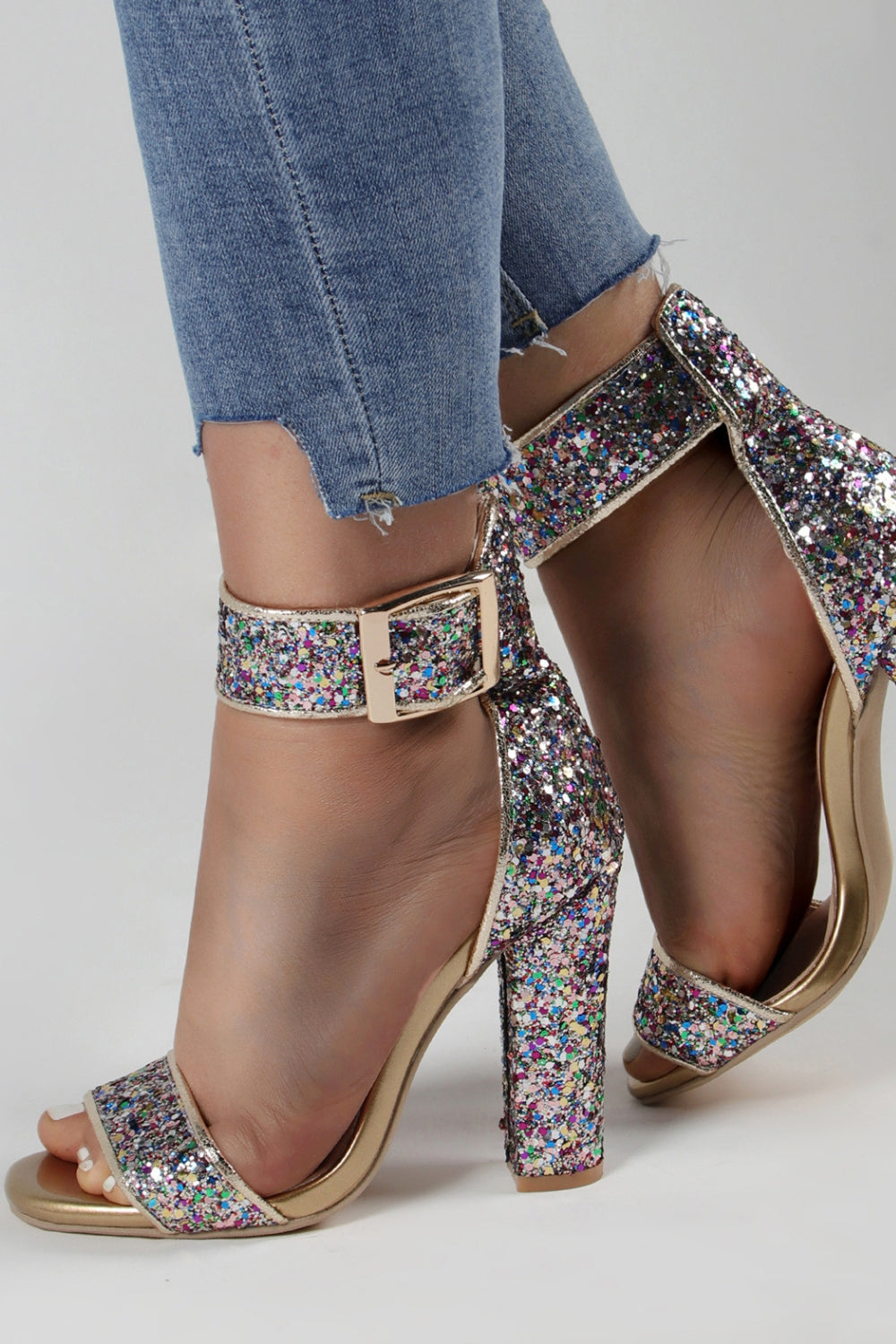 Sparkly Golden Block Heels Open Toe Pumps with Stylish Buckle Strap