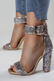 Sparkly Golden Block Heels Open Toe Pumps with Stylish Buckle Strap