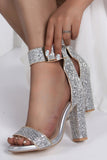 Sparkly Golden Block Heels Open Toe Pumps with Stylish Buckle Strap