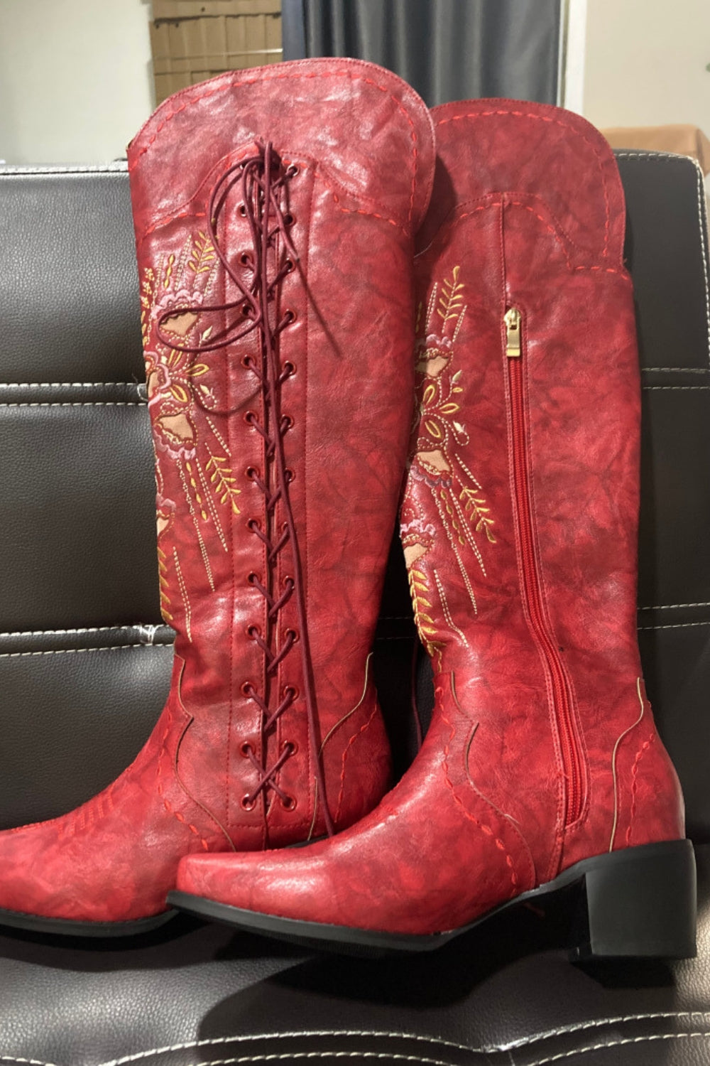 Brown Cowboy Boots Embroidered Western Cowgirl Boots High Lace-Up Boots