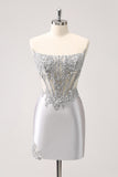 Silver Strapless Sequins Corset Tight Homecoming Dress