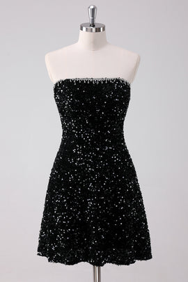 Sequins Black A Line Strapless Short Homecoming Dress