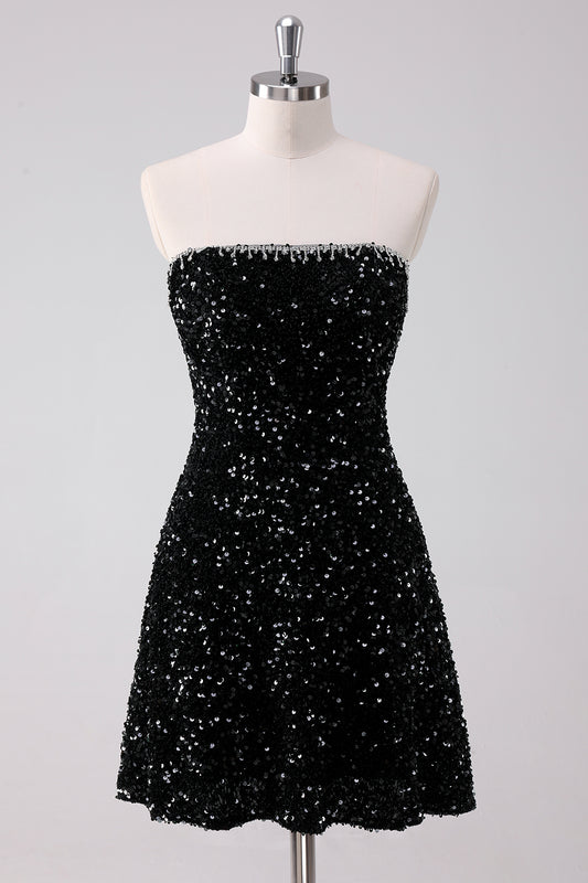 Sequins Black A Line Strapless Short Homecoming Dress