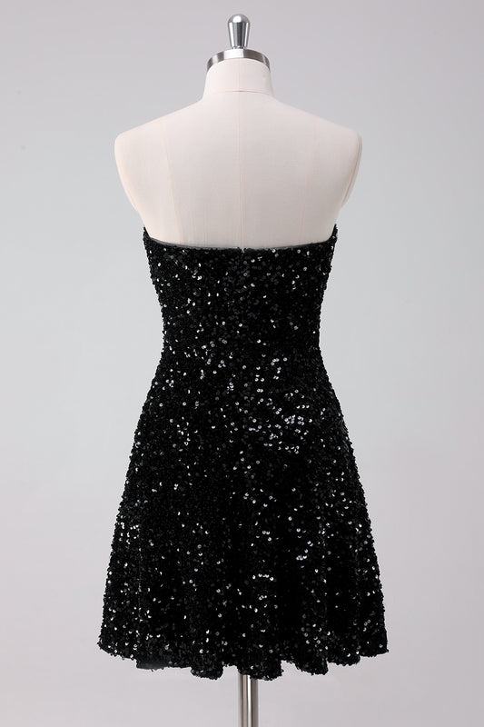 Sequins Black A Line Strapless Short Homecoming Dress