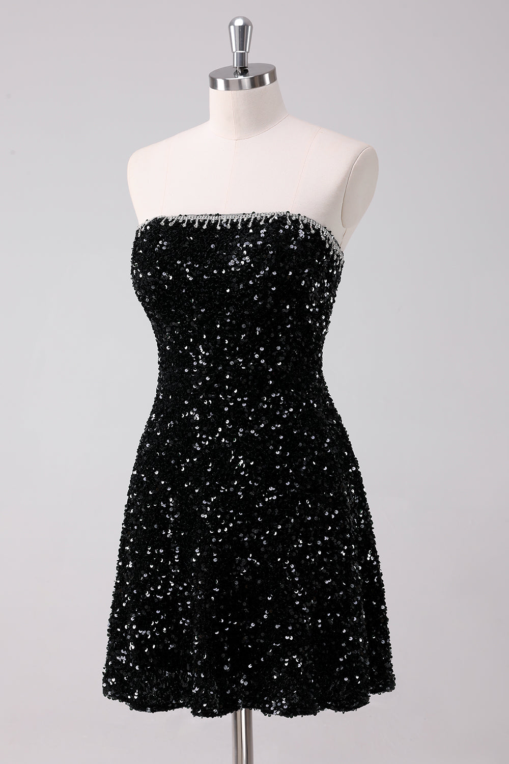 Sequins Black A Line Strapless Short Homecoming Dress