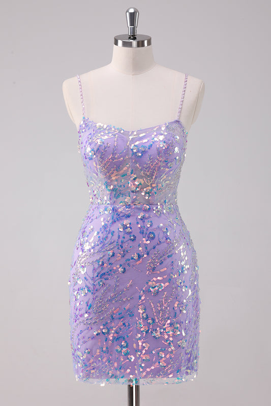 Purple Sequins Spaghetti Straps Bodycon Short Homecoming Dress