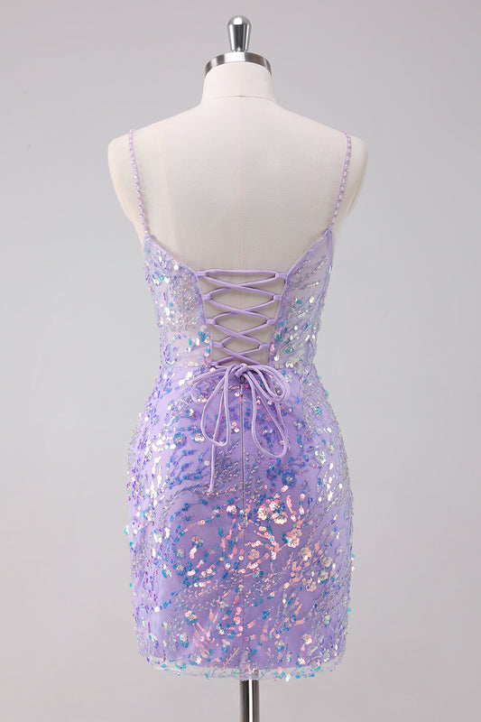 Purple Sequins Spaghetti Straps Bodycon Short Homecoming Dress