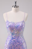 Purple Sequins Spaghetti Straps Bodycon Short Homecoming Dress