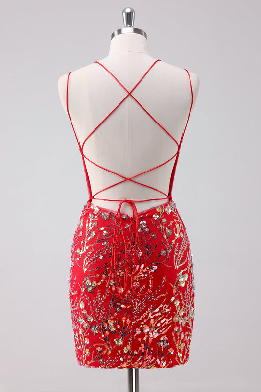 Sequins Red Spaghetti Straps Bodycon Short Homecoming Dress