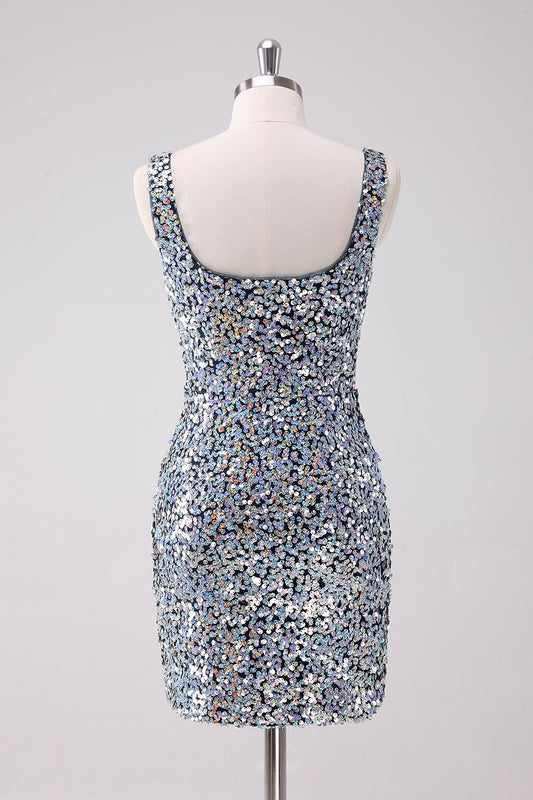 Silver Sequins Square Neck Tight Homecoming Dress