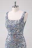 Silver Sequins Square Neck Tight Homecoming Dress