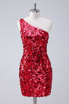 Sequins Red One Shoulder Tight Short Homecoming Dress