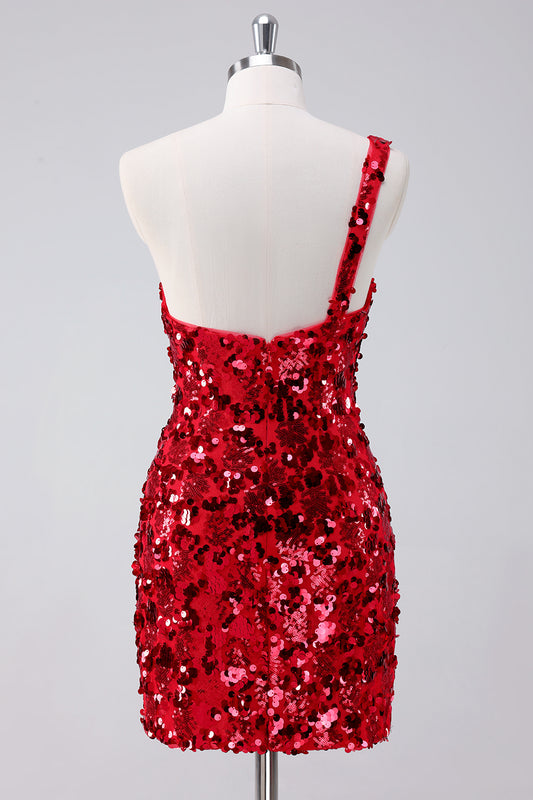 Sequins Red One Shoulder Tight Short Homecoming Dress