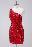 Sequins Red One Shoulder Tight Short Homecoming Dress