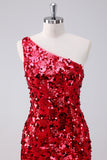 Sequins Red One Shoulder Tight Short Homecoming Dress