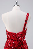 Sequins Red One Shoulder Tight Short Homecoming Dress