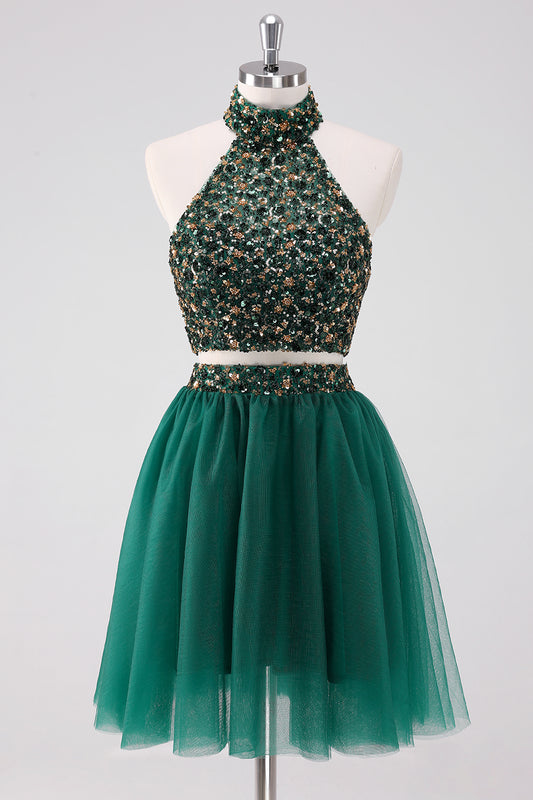 Sparkly A Line Dark Green Halter Sequins Short Homecoming Dress