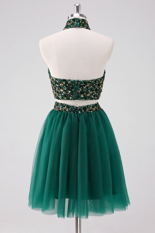 Sparkly A Line Dark Green Halter Sequins Short Homecoming Dress