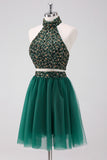 Sparkly A Line Dark Green Halter Sequins Short Homecoming Dress