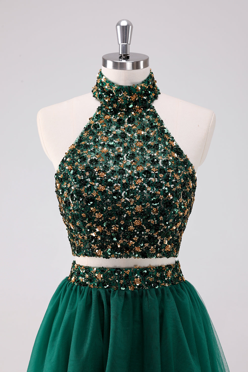 Sparkly A Line Dark Green Halter Sequins Short Homecoming Dress