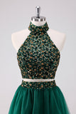 Sparkly A Line Dark Green Halter Sequins Short Homecoming Dress