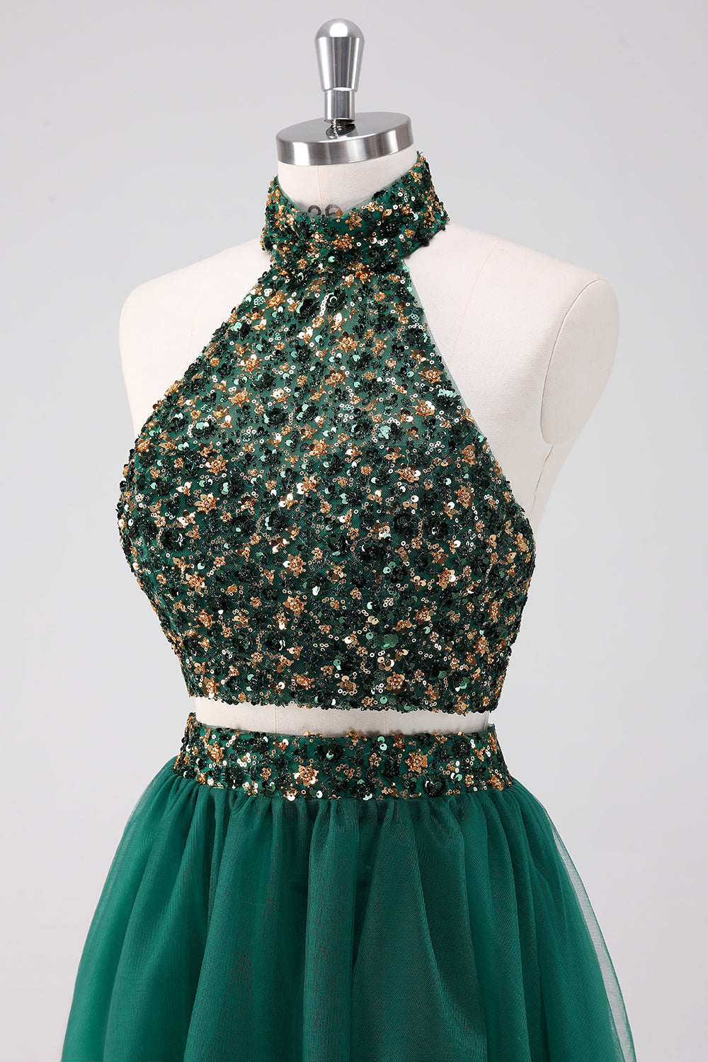 Sparkly A Line Dark Green Halter Sequins Short Homecoming Dress