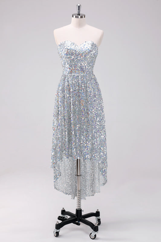 Silver Sequins Strapless Asymmetric Homecoming Dress