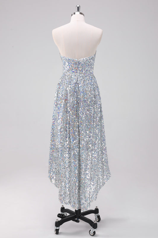 Silver Sequins Strapless Asymmetric Homecoming Dress