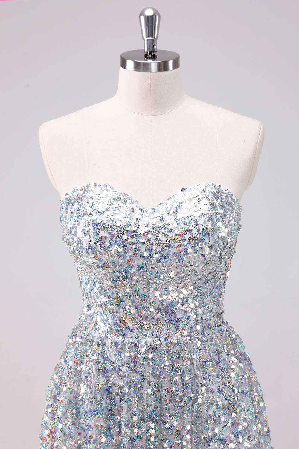 Silver Sequins Strapless Asymmetric Homecoming Dress