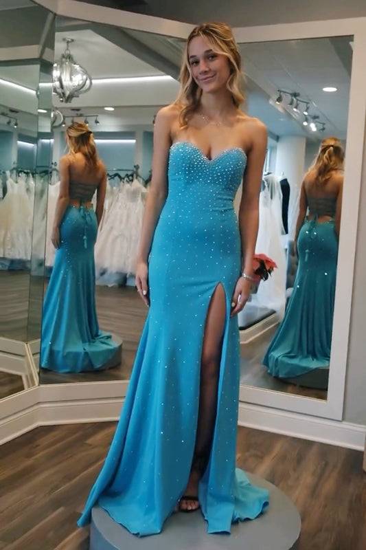 Blue Mermaid Strapless Beaded Long Prom Dress With Slit