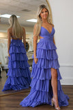 Purple A Line V-Neck Hollow Out Tiered Long Prom Dress