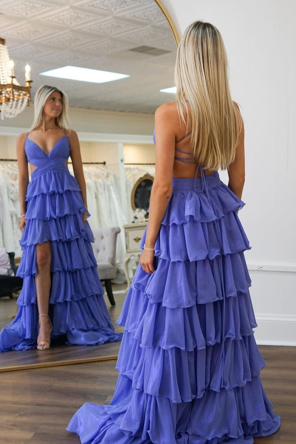 Purple A Line V-Neck Hollow Out Tiered Long Prom Dress