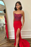 Red Strapless Beaded Corset Mermaid Long Prom Dress