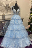 Light Blue Sweetheart Bow Tie Straps Tiered Tulle Sequin Prom Dress with Appliques