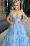 Light Blue Sweetheart Bow Tie Straps Tiered Tulle Sequin Prom Dress with Appliques